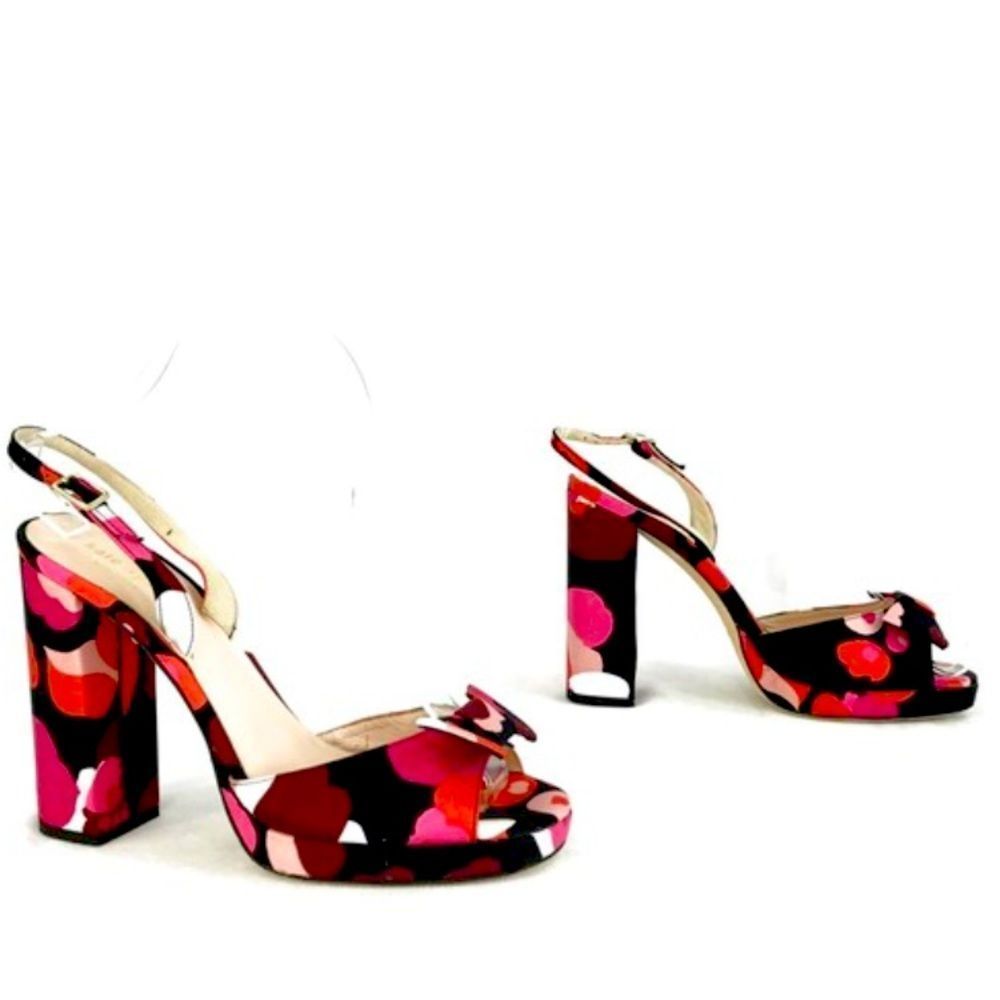 Kate Spade ♠️ New York Briana Black Multi Colored Crepe de Chine Block Heels 6.5